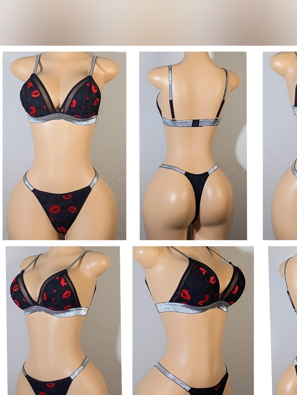 Black & Red Lip Print Bralette Set with Silver Trim